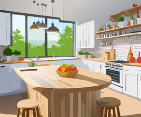 Beautiful round wood table and counter on interior in bright kitchen background.