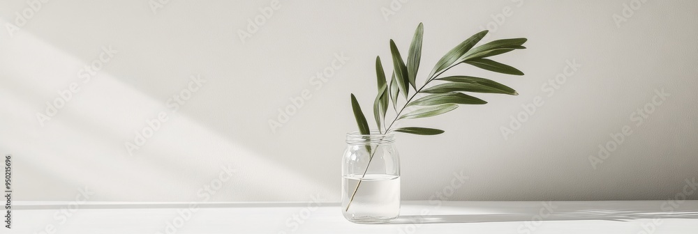 Aufkleber minimalist still life of a sunlit vase with greenery on a white surface at noon