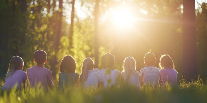 Young diverse group guided by nature therapist learning mindfulness techniques in serene forest setting during sunset