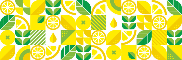 Lemon abstract geometric background.Summer botanical vector illustration.Citrus flavor.Organic food.Bauhaus trendy design.Modern seamless pattern with fruits and leaves.Set of icons in flat style.