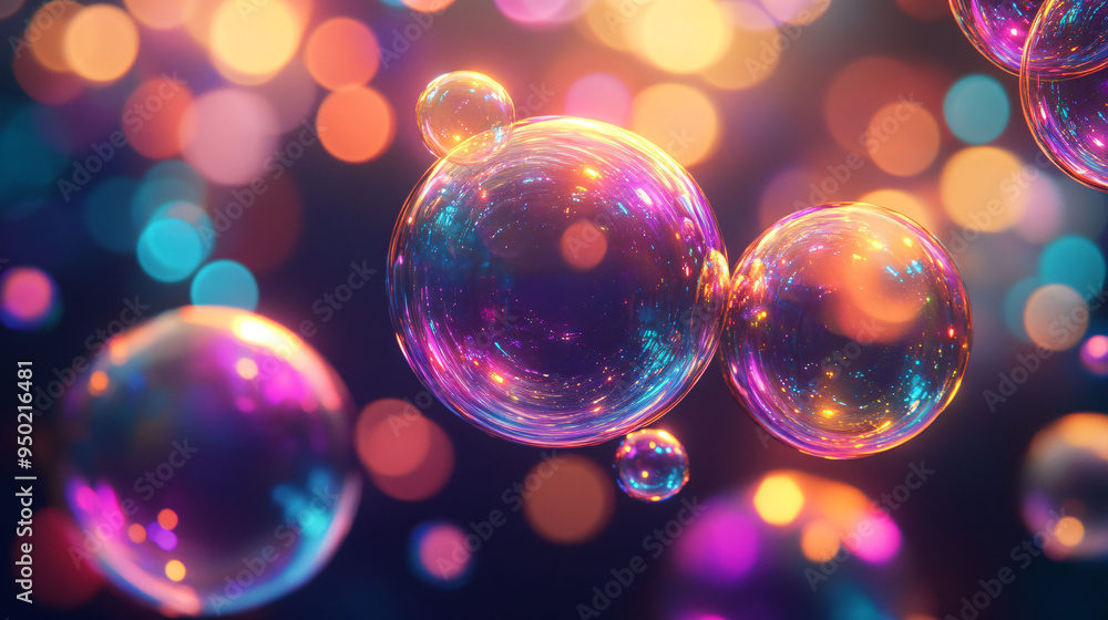 Poster glowing rainbow colored bubbles float in dark background, creating magical and vibrant atmosphere.