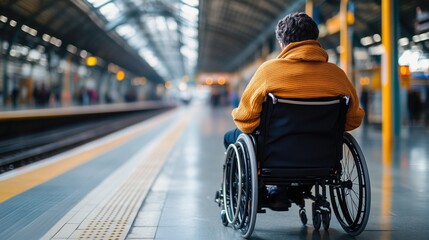 Obraz premium Disabled person in a wheelchair on tram stop on the urban city street needing help outdoors