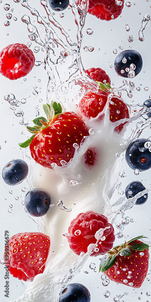 Poster fresh berries splashing in water