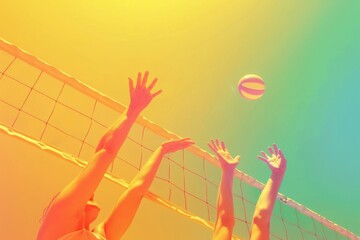 Energetic Beach Volleyball Game in Bright Sun Featuring Young Athletic Players Hands Hitting the Ball Over the Net at Midday