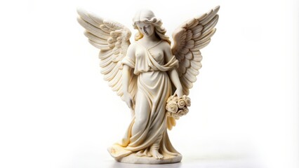 Fototapeta premium Beautifully detailed marble angel figurine sculpture isolated on white background, marble, angel, figurine