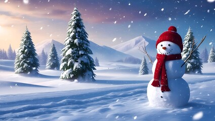 Fototapeta premium land view with snow trees and beautiful snowman, hd, with snowfall, santa class flying above the clouds