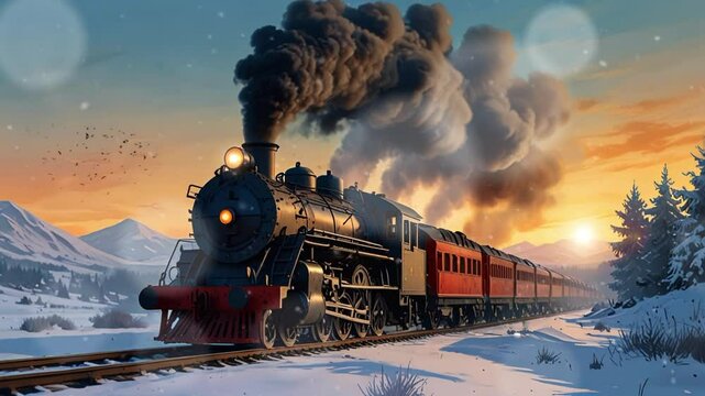 locomotive, steam train crossing snowy mountains, winter. Seamless looping 4k video animation