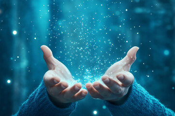 Hands releasing sparkling light in a mystical atmosphere
