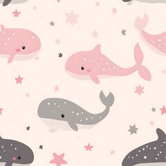 Obraz premium pink and gray baby whales, pastel background with stars, seamless pattern