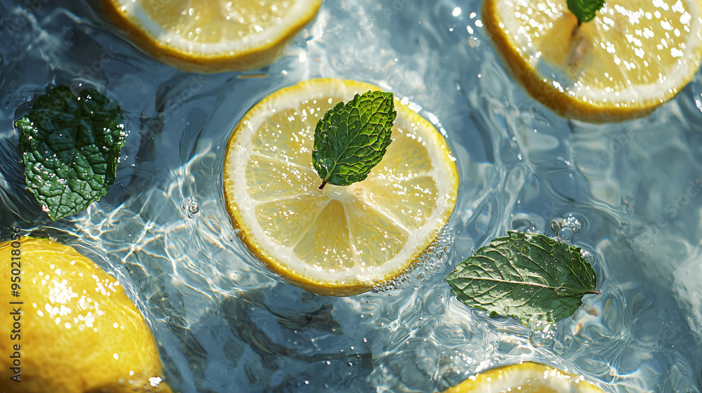 Poster refreshing lemon slices and mint leaves floating in water create vibrant and invigorating scene in n