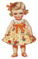 PNG Vintage doll with floral dress.