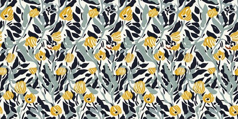 Modern printed fabric flower block print pattern with linen texture effect. Stylized boho dark floral for chic fashion background motif border design.