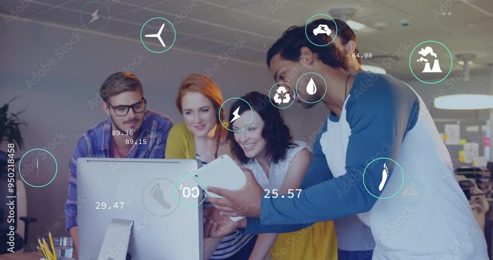 Poster collaborating over digital interface, business team analyzing data with various icons animation