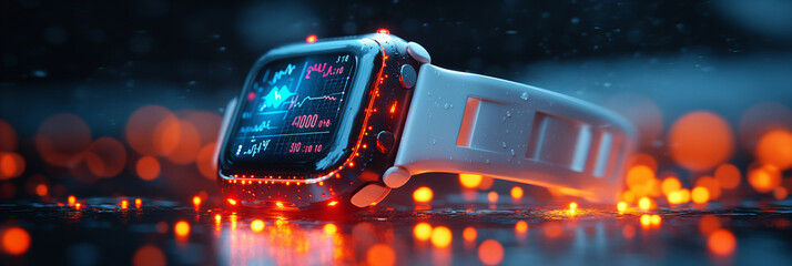 Smartwatch Displaying Graphs and Metrics in Darkened Environment, Vibrant Blue and Orange Accents Highlight a Modern and Innovative Mood