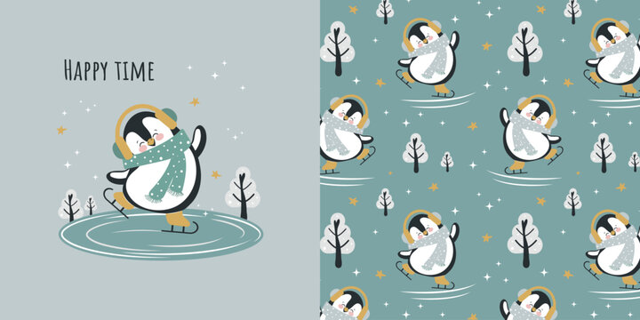 Children's winter seamless pattern featuring a funny, happy penguin who is skating. Vector design for baby bedding, fabric, wallpaper, wrapping paper and more.