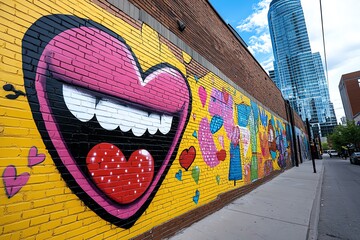 80s style street art with bold, colorful lettering and pop culture references, captured in a photo where a street art mural features bold, colorful lettering and references to 80s pop culture,