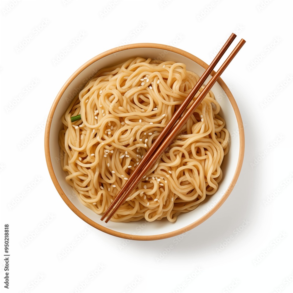 Wall mural  A bowl of noodles with chopsticks resting on the side, set against a clean white background.
