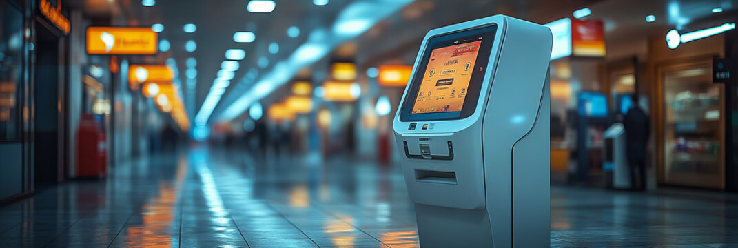 Airport terminal with self-service kiosk, bright blue and orange, clean and organized, illustrating a modern traveler-oriented atmosphere