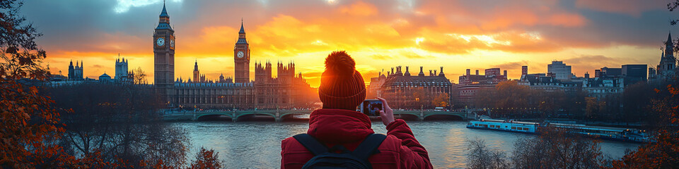 Captured Moment of Tourist Taking Photo of London Skyline at Sunset, Featuring Iconic Landmarks,...