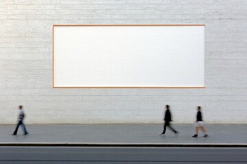 Gritty Urban Scene with Busy Pedestrians Passing Blank Concrete Wall Poster in Harsh Daylight