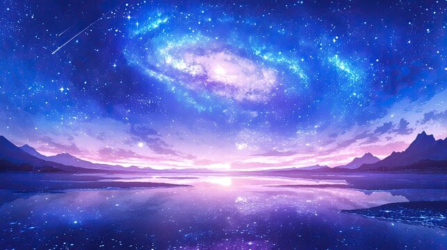 Anime rendering of a stunning galaxy scene with the Milky Way spiral arms vividly illuminated against a dark, cosmic backdrop