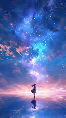 Dreamy anime depiction of the Milky Way galaxy, with ethereal colors and a swirling cosmic dance of stars and nebulae