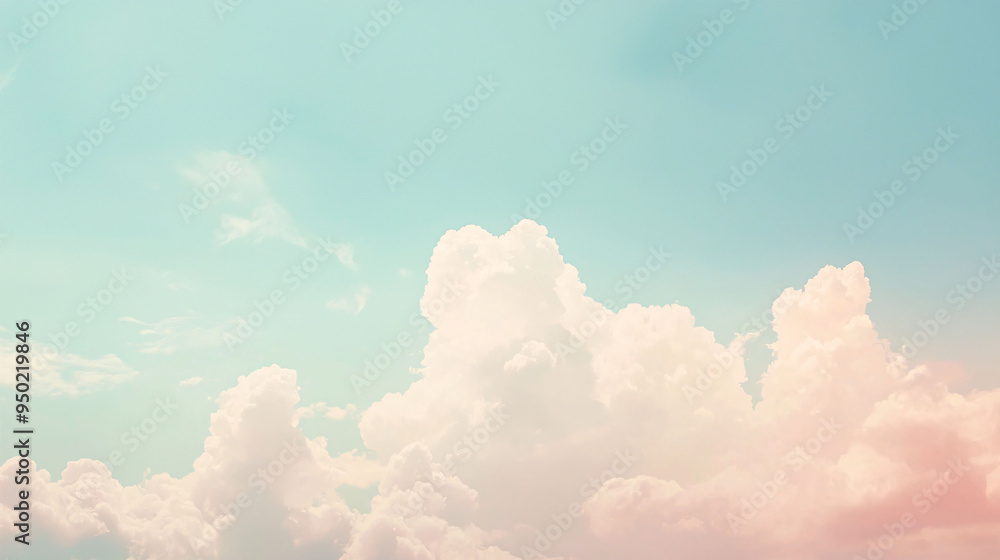 Poster soft pastel clouds float in light faded sky, creating serene and dreamy atmosphere.