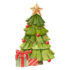 Watercolor composition of a decorated Christmas tree and gifts. Hand drawn illustration.