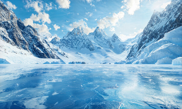 Empty ice surface, frozen mountain lake, winter mountains landscape with copy space