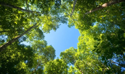 Obraz premium Breathtaking Forest Canopy View with Sunlight Filtering Through Leaves on a Clear Blue Sky Day
