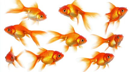 Fototapeta premium A group of goldfish swimming in different directions, their bright orange bodies standing out vividly against a white background, representing movement and freedom.
