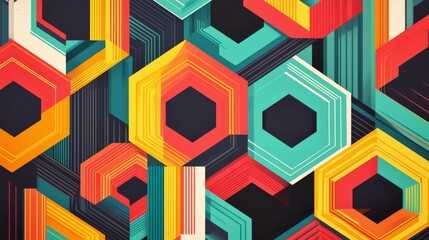 70s inspired geometric patterns with bold lines and vibrant colors