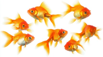A group of goldfish swimming in different directions, their bright orange bodies standing out vividly against a white background, representing movement and freedom.