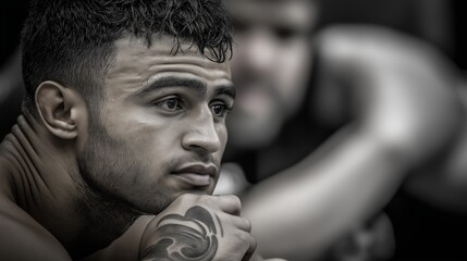 Close-up of a professional boxer in his corner, showing determination while listening to his coach between rounds