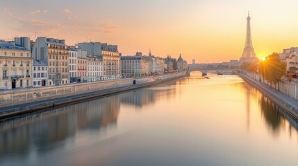 Obraz premium venice city canal at sunrise, reflections on water with eiffel tower in view, capturing serene travel moments and iconic landmarks