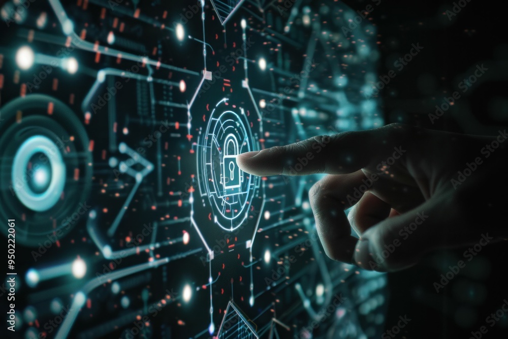 Poster digital security concept with a hand reaching towards a lock symbol on a futuristic interface backgr