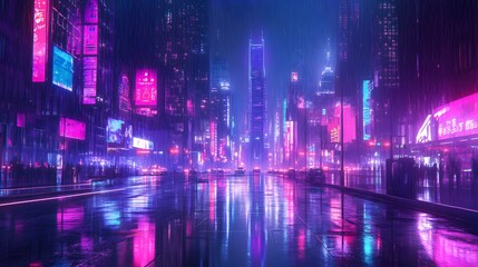 A futuristic cityscape with vibrant neon lights and rain-soaked streets reflecting the glow