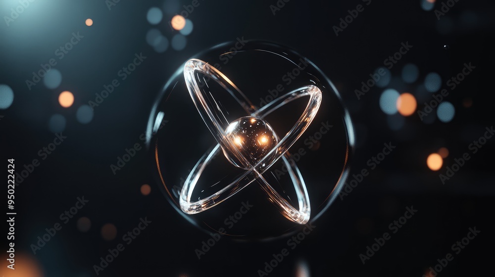 Poster a minimalist 3d atom with clean lines and transparent components, softly illuminated to highlight it