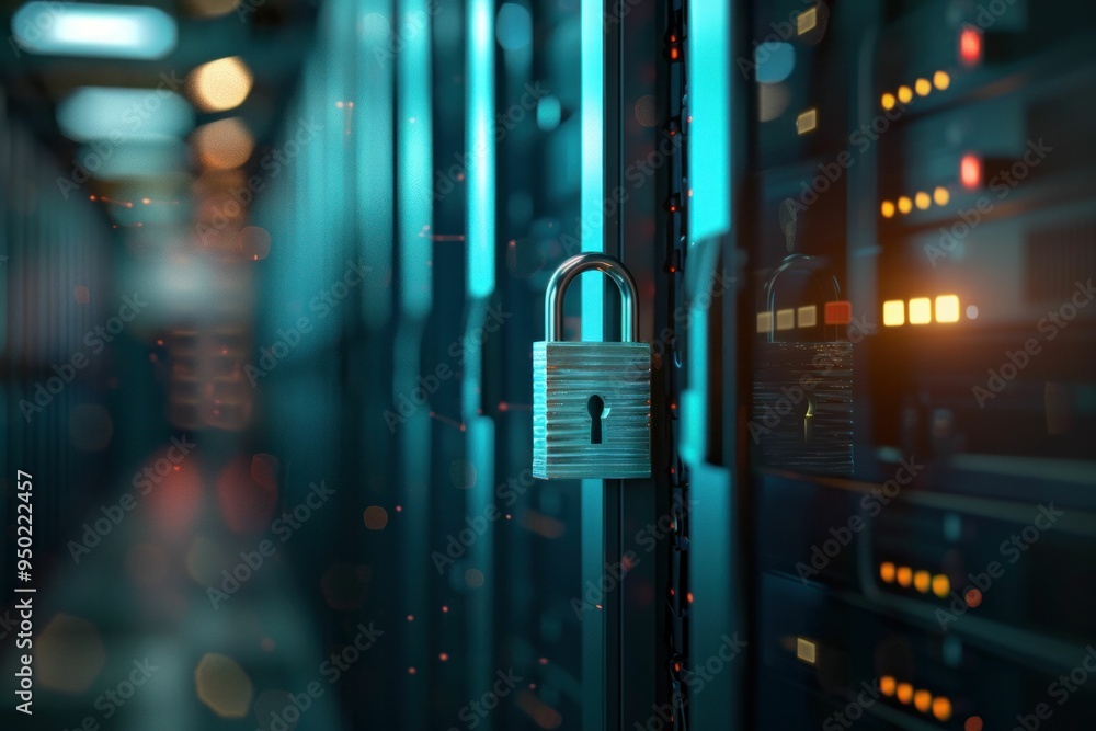 Poster digital lock securing a data center, illuminated by blue and orange lights, emphasizing cybersecurit