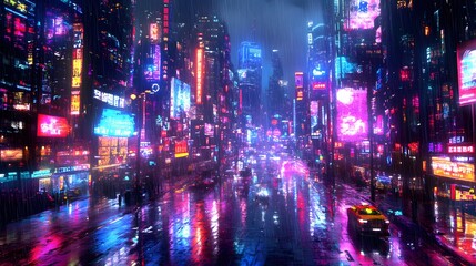 Obraz premium A futuristic cityscape with vibrant neon lights and rain-soaked streets reflecting the glow