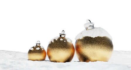 Three golden Christmas baubles covered with snow