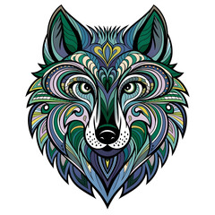 Obraz premium Create a highly detailed and colorful mandala-style wolf head with intricate patterns and symmetrical design.