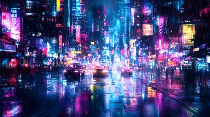 A futuristic cityscape with vibrant neon lights and rain-soaked streets reflecting the glow