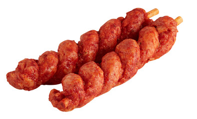 Red sausage wrapped in twists cut out isolated transparent background