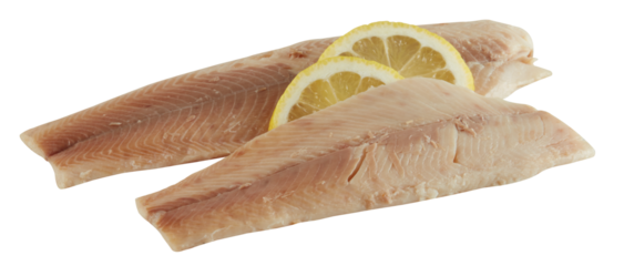 Sliced ​​white sea bass with yellow lemon cut out isolated transparent background