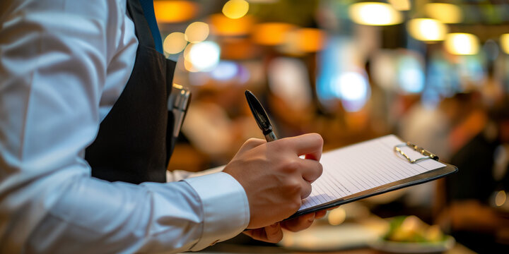 Close-up of a waiter's hand writing down an order on a notepad, with a busy restaurant scene in the background.