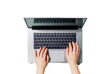 Isolated woman's hands working on laptop on transparent background. Office desktop. Concept of Working, communication, dating and online order on laptop. Flat lay