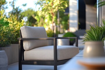 Urban Oasis - Close-Up of Stylish Neutral Outdoor Patio Chair with Textured Cushions and Minimalist Design for Modern Relaxation