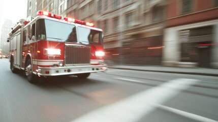 Emergency Fire Truck Racing Down City Street with Blurred Buildings, Responding to Urgent Call at Dusk, Capturing Speed and Emergency Response