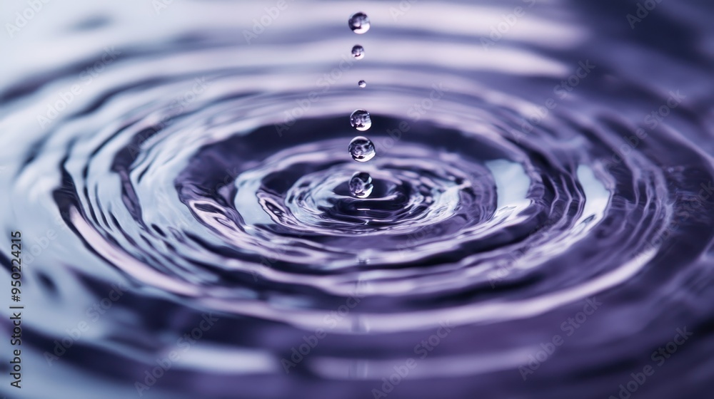 Poster an artistic image capturing water droplets suspended mid-air as they fall into a ripple, creating a 